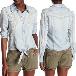 Blank NYC | Linen Blend Distressed Chambray Top XS